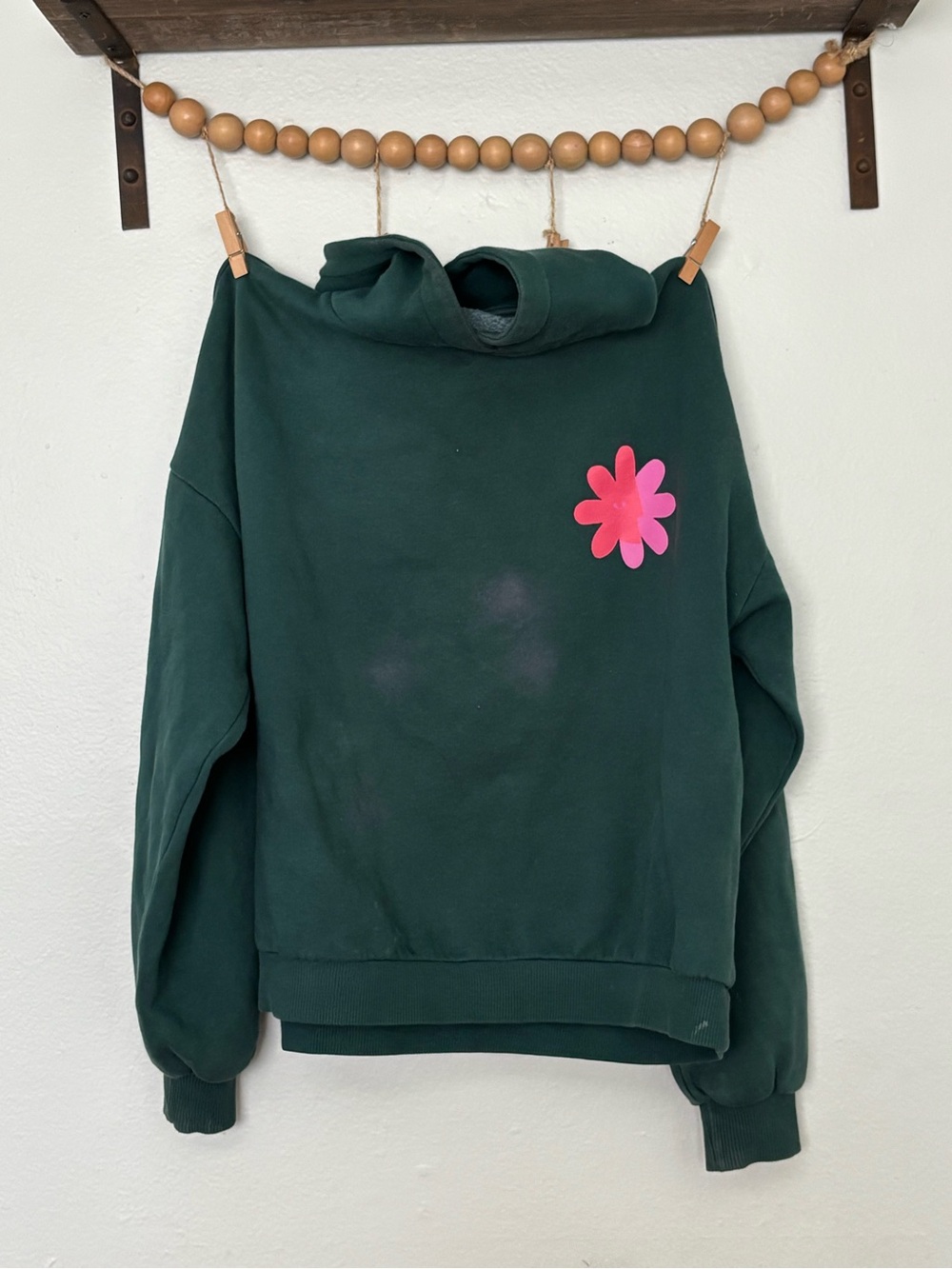 Women's Dark Green Hoodie Sweatshirt with Pink Flower Accent
